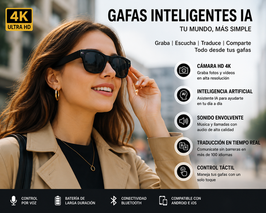 Gafas Inteligentes AI 4K Ultra HD EBOX – Cámara 8MP, Video, Traducción IA y Música Bluetooth