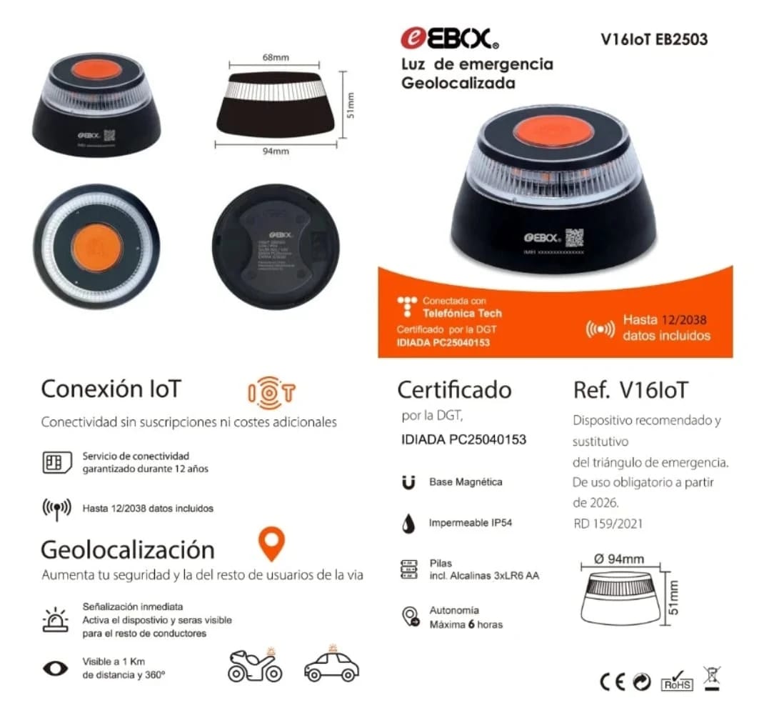 Baliza de Emergencia Inteligente V16 IoT – Luz de Seguridad Vial Certificada (EBOX)