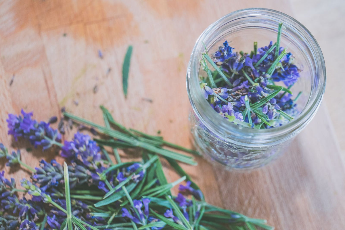 Hierbas aromáticas y flores en un frasco de cristal
