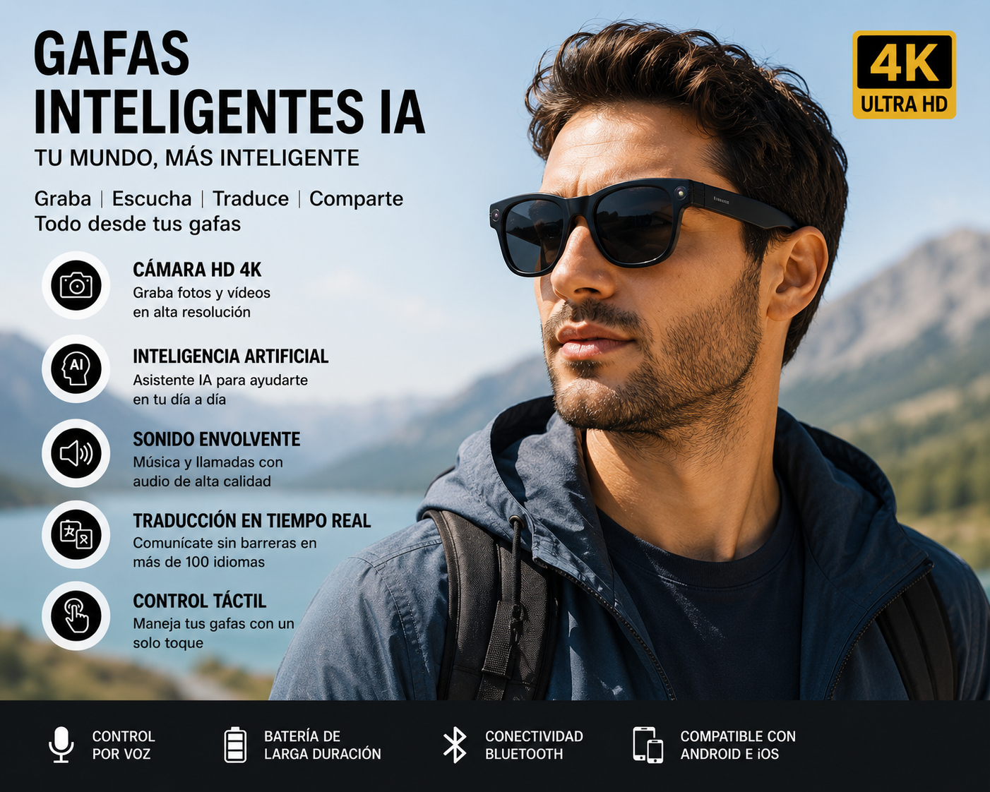 Gafas Inteligentes AI 4K Ultra HD EBOX – Cámara 8MP, Video, Traducción IA y Música Bluetooth
