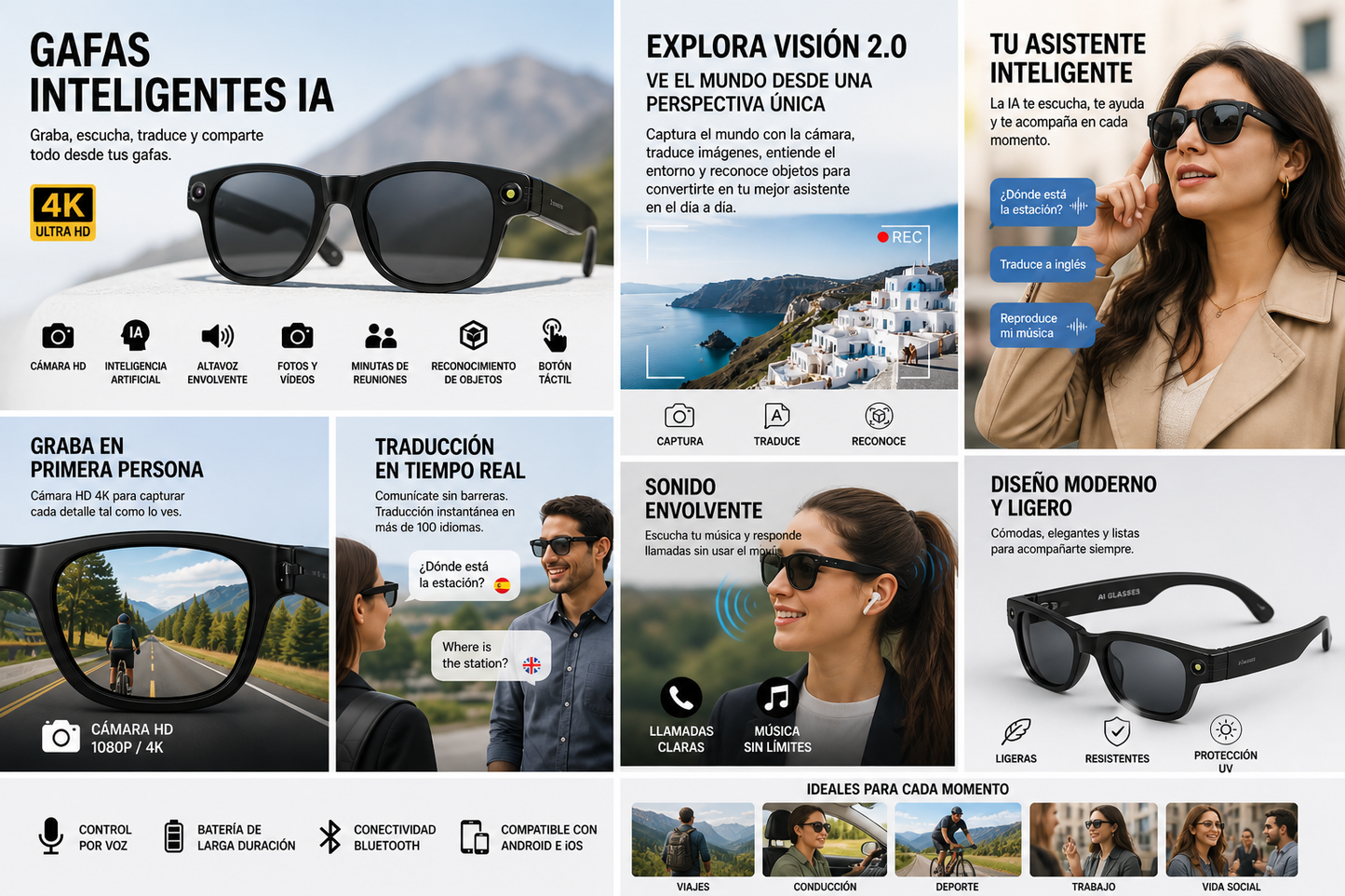 Gafas Inteligentes AI 4K Ultra HD EBOX – Cámara 8MP, Video, Traducción IA y Música Bluetooth