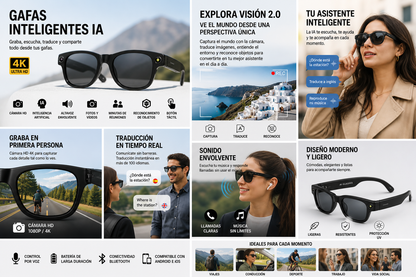 Gafas Inteligentes AI 4K Ultra HD EBOX – Cámara 8MP, Video, Traducción IA y Música Bluetooth