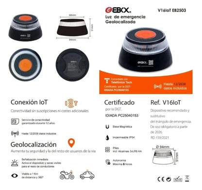 Baliza de Emergencia Inteligente V16 IoT – Luz de Seguridad Vial Certificada (EBOX)
