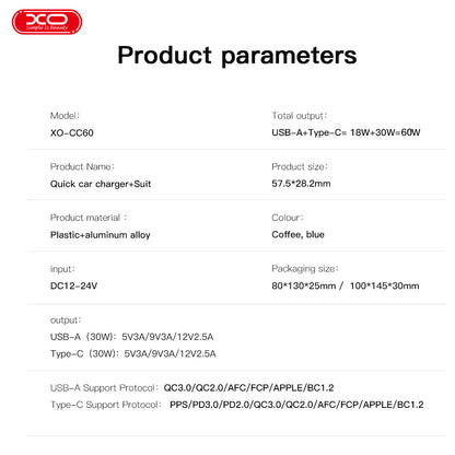 Cargador rápido de coche 60W a 12V