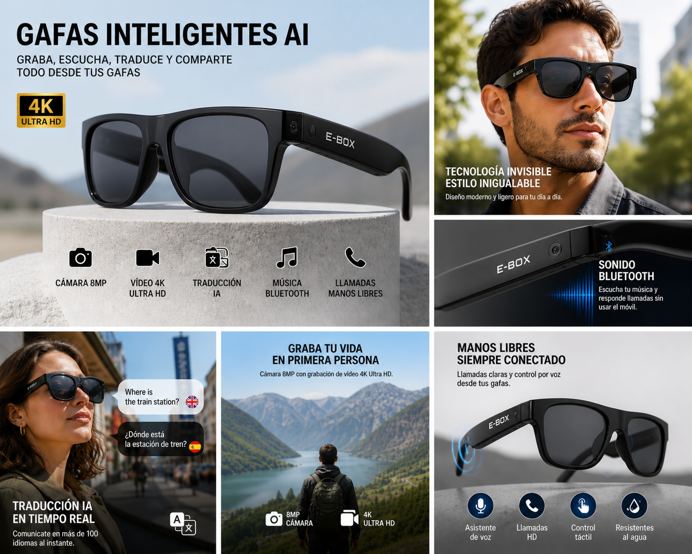 Gafas Inteligentes AI 4K Ultra HD EBOX – Cámara 8MP, Video, Traducción IA y Música Bluetooth