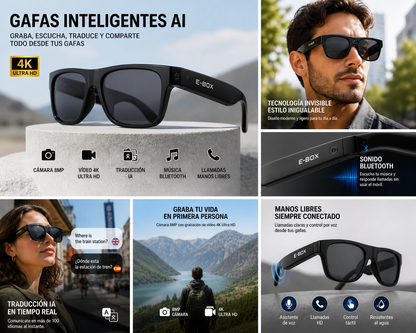 Gafas Inteligentes AI 4K Ultra HD EBOX – Cámara 8MP, Video, Traducción IA y Música Bluetooth