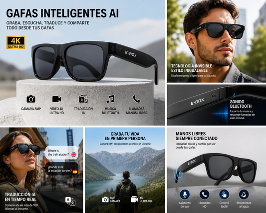 Gafas Inteligentes AI 4K Ultra HD EBOX – Cámara 8MP, Video, Traducción IA y Música Bluetooth